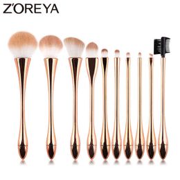 Makeup Tools Zoreya Brand 10pcs Rose Gold Luxury Brushes Set High Quality Synthetic Hair Large Powder Angled Brow Eye Shadow Brush Kit220422