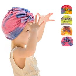 Turban Hats Elastic Soft Cute Tie Dye Cap India's Hat Fashion Baby Beanie With Bowknot Kids Cap Pography Props