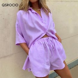 QSROCIO Women's Pyjamas Set V Neck Cotton Yarn Sleepwear Breathable Light Nightie Shirt Style Leisure Home Clothes Nightwear 220329