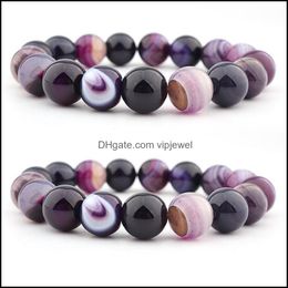 Other Bracelets Jewelry Natural Crystal Bangle 14Mm Purple Striped Agate Ball Diy Bead Bracelet Women H541 Dhszh