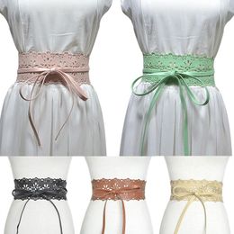 Belts Women Hollow PU Belt Flower Pattern Wide Bow Soft Faux Leather Self Tie Wrap Waist Elastic Corset Casual