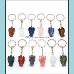 Key Rings Jewellery Healing Reiki Chakra Carved Angel Natural Stone Pendant Keychain Crystal Chakras Quartz Chains Accessories Drop Delivery 2