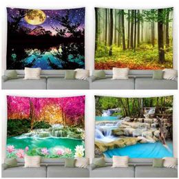 Fog Forest Waterfall Tapestry Full Moon Chinese Style Lotus Flower Plant Nature Landscape Pattern Home Garden Decor Wall Hanging J220804