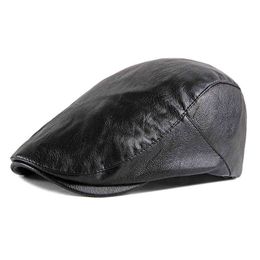 2022 Pu Beret Hat For Women Spring Autumn Fishbone Berets Solid Black Red Green Flat Peak Caps Men Faux Leather Newspaper Seller Hat J220722