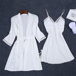 Sexy Summer Womens 2PC Robe Bath Gown Strap Top Kimono Pajamas Sets Sleepwear Lady Home Wear Nightgown Suit Sleepshirts M-XXL 220321