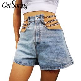 GetSpring Women Shorts Sexy Denim Shorts Chain Hollow Out High Waisted Summer Mini Jeans Shorts 2020 Fashion New Arrival Blue LJ200815
