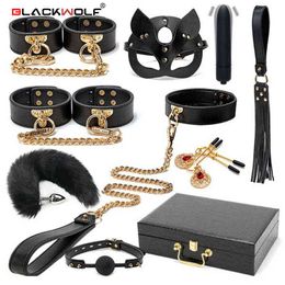 NXY Sex Adult Toy Blackwolf Bdsm Bondage Kits Genuine Leather Restraint Set Handcuffs Collar Gag Vibrators Toys for Women Couples Games 0330