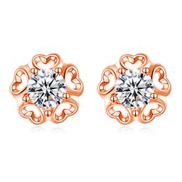 five-leaf hollow heart earrings simple temperament thin fashion flower earrings zircon small silver stud earrings