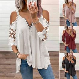 Summer Womens Clothing Sexy Off Shoulder Lace Patchwork V Neck Zipper Casual Elegant Tunic Tshirt Fashion Ladies Tops 220527
