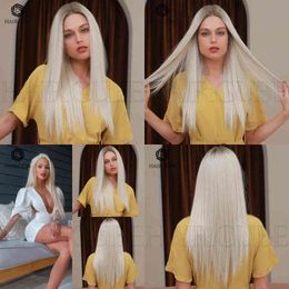 Wigs Women Synthetic Wigs New Front Lace Women's White Gold Medium Length Straight Hair Wig Full Head Cover Daily Use Wigs 220601