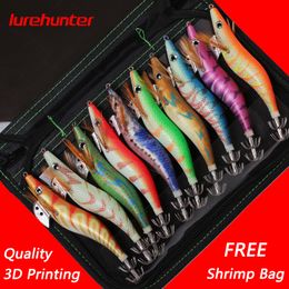 10PCS with Shrimp Bag 3D Printing 2.5 3.0 3.5 Hook Luminous Squid Jig Fishing Wood Shrimp Lure Squid Cuttlefish Jigs Lures 220624