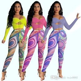 Fall Women Two Piece Pants Outfits Hollow Out Bandage Tops Mesh Printed Leggings Matching Set