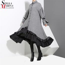 New England Style Woman Winter Grey Shirt Dress Midi Long Sleeve Ruffle Patchwork Big Size Lady Elegant Party Vintage Dress 3073 210401