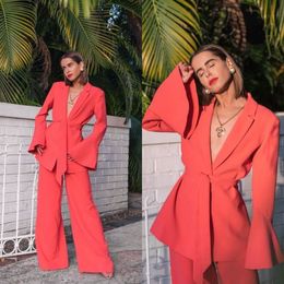 bridesmaid pants UK - Two Pieces Women's Blazer Suits with Belt Elegant Bridesmaid Dress Flare Long Sleeved Outfits 2022 Jacket Pants