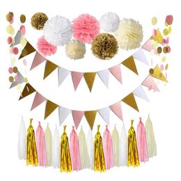 Party Decoration Pink Gold White Theme Wedding Set,Triangle Glitter Banner, Tissue Pom Poms,Tissue Tassel, Polka Dot Garland
