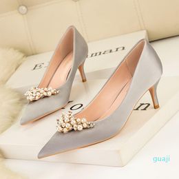 Dress Shoes Bridal Wedding Party Women Pearl Pointed Toe Satin Pumps Bridesmaid Sexy Thin Heels Ladies 6cm High