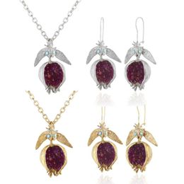Pendant Necklaces Vintage Fruit Red Pomegranate Jewellery Set Gemstone Earrings