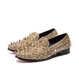 Glitter Gold Rivets Men Punk Style Loafers Nightclub Rave Party Men Dance Flat Shoes Casual Mens Leather Shoes