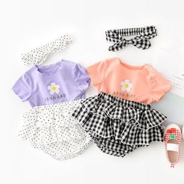 Clothing Sets Baby Girl Fashion Flower Purple Short Sleeves Tops Infant White Polka Dot Cotton Pleated Skirt Two Piece With Headband