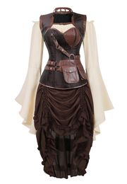 Bustiers & Corsets Three-Piece Steampunk Locking Long Sleeve Gothic Corset Mujer Dress Straps Pirate Skirt Sets Zipper Mediaeval Sexy Costume