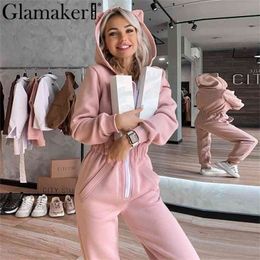 Glamaker Pink casual long sleeve long jumpsuits & rompers Women zipper fitness winter hood jumpsuit Autumn outfits new 210326