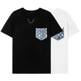 High Quality Trendy Brand L Men's t shirt Pocket Letter Print Chain Round Neck Short Sleeve T-Shirt Cotton Men's Women's High Quality Loose