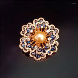Brooches Pins Trendy Inlaid Zircon Flower Brooch Fashion Pearl Double Layer Blue Broochpins For Women's Men Coat Luxury JewelryPins