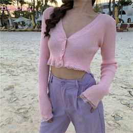 Pink Black Green Women Cardigans Fashion Slim Ladies Knitted Sweater Crop Top Long Sleeve Buttons 220812