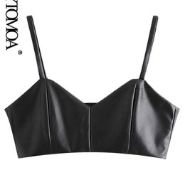 KPYTOMOA Women Sexy Fashion Faux Leather Cropped Tank Top Vintage V Neck Side Zipper Wide Straps Female Camis Chic Tops 220325