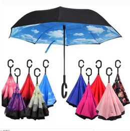 C-Hand Reverse Umbrellas Windproof Reverse Double Layer Inverted Umbrella Inside Out Self Stand Windproof Umbrella 40 styles