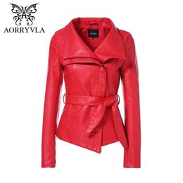 AORRYVLA Spring Women Leather Jacket Red Colour Turn-Down Collar Short Length Slim Style Fashion Faux Leather Jacket 201214