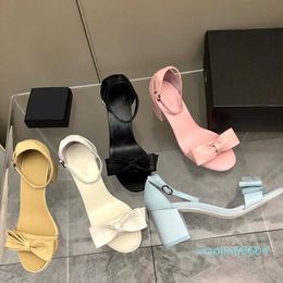 Fashion-Lambskin Bow Sandals For Woman Heels Platform Mules Chunky Heel Slipper With Party Beige Slides Flip Flops Retro Loafers