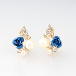 Stud Flower Earrings Beautiful Red Rose Imitation Pearl Crystal Girl Simple Ear 2022