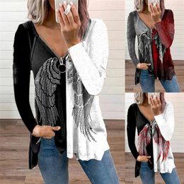 Autumn Angel Wing Print Long Sleeve Tops Vintage V Neck Zipper Pullover Shirt Casual Loose Plus Size Women's T-shirt 220511