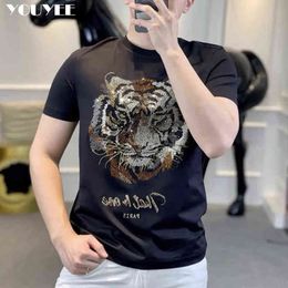 Short Sleeved T-shirt Men's Heavy Craft Tiger Head Light Luxury Hot Diamond Fashion Brand O-neck Clothes Men 2022 New Design Y220630