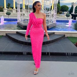 Sparking Fuchsia Sheath Prom Dresses Signle Long Sleeve Cocktail Party Gown Ankle Length Arabic Dubai Evening Dress