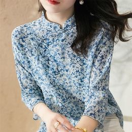 Chinese Style Spring Summer Stand Collar Women Chiffon Blouses Shirts Lady Casual Printed knot Blusas Tops 220402