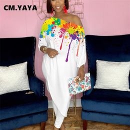 CM.YAYA Women Set Print Long Asymmetrical Tops + Stretchy Pants Two 2 Piece Sets Female Casualwear Fashion Outfits Autumn 220315
