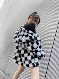 Fashion Women's Black White Checkerboard Pattern Faux Fur Warm Coat Hooded Furry Fur Winter Clothes M201 T220810