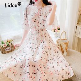 Ruffled Peter Pan Collar Pink Floral Chiffon Dress Spring Summer Sweet Style Dress Korean Style Prairie Chic Casual Dress 220516