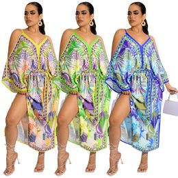 Fashion Bohemia Style Print Long Dress For Women Hip Hop Street Sling V-neck Split Bandage Maxi Skirts NK312