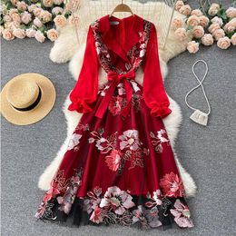 high dresses Canada - Casual Dresses Autumn Winter Elegant Embroidery Long Dress Women Slim Tailored Collar High Waist A-line Bandage Party Full DressCasual CasCa