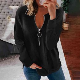 Womens Zipper Blouses And Shirts Sexy Solid V Neck Daily Holiday Shirt Autumn Elegant Pullover Tops Ropa De Mujer 2021 L220705