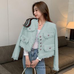 Women's Jackets French Temperament Green Female Tweed Coat Spring Autumn 2022 Long Sleeve Single Breasted Retro Jacket Top For Women