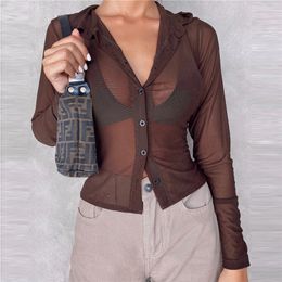 Summer Crop Mesh Tops Women Long Sleeve Sexy See Through Blouse Streetwear Club Sheath Brown Shirt Y2K 220516