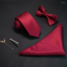 Bow Ties Solid Color 6cm Silk Men Tie Set Jacquard Woven Necktie Bowtie Handkerchief Pin Suit Red Green For Business Wedding Fred22