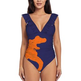 Women's Swimwear Distressed Orange Gator Print Deep-V Ruffle Swimsuit One Piece Beach Wear Monokini Alligator AlliWomen's