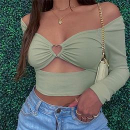 wsevypo HollowOut Vneck Long Sleeve Crop Tops Spring Fall Casual Fashion Women Square Collar Slim Ribbed TShirts Backless Tee 220607