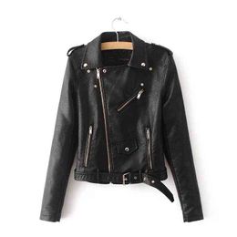 2022 New Fashion Women Autunm Winter Black Faux Leather Jackets Lady Bomber Motorcycle Cool Outerwear Coat with Belt L220728