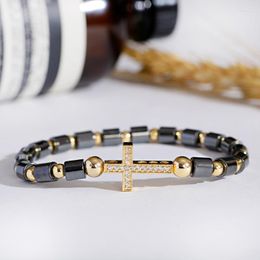 Beaded Strands Men Bracelets 6mm Black Lava Rock Stone Handmade Hematite Cross Bracelet & Bangle Adjustable Size Women Wrist Jewelry Fawn22